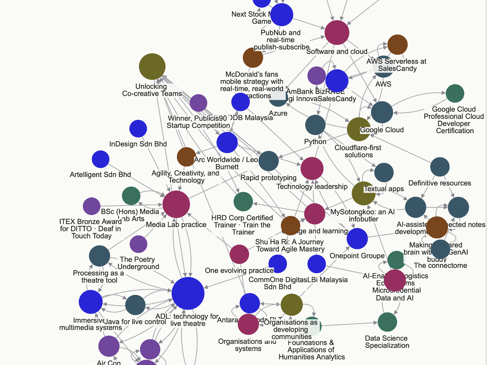 A network map connecting the experiences, projects, tools, and ideas in Reza Rosli’s practice
